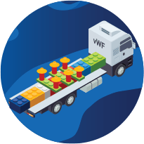 Illustration of blocks and a truck depicting Von Willebrand Factor carries both natural FVIII and KOVALTRY through the bloodstream preventing them from being broken down