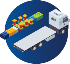 Graphic of blocks and a truck showcasing natural FVIII and KOVALTRY undergoing a process of attaching to a carrier protein, Von Willebrand Factor